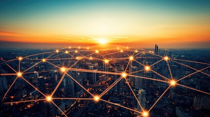 Poster - Global Network Connectivity Smart City Sunset Aerial View High Tech Innovation