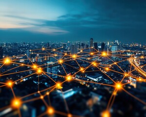 Fototapete - Smart City Network Global Interconnection Digital Cityscape at Night