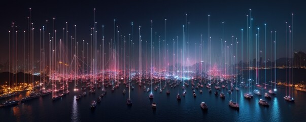Aufkleber - Night cityscape with numerous boats in harbor illuminated by vibrant neon lights and connected by digital beams