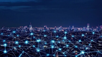 Poster - Smart City at Night Network Connections Futuristic Technology Cityscape