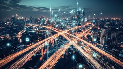 Poster - Smart City Network Aerial Night View Illuminated Highways and Buildings Connected by Digital Network