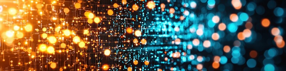 Fototapete - Abstract digital network data flow glowing with orange and blue light Futuristic technology background