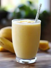 Poster - Creamy Banana Smoothie in Glass with Straw on Wooden Table : Generative AI