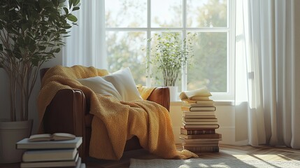 Wall Mural - A clean and cozy reading corner styled with a blanket and a stack of books. background