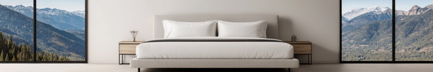 Poster - Modern Minimalist Bedroom with Mountain View and Natural Light