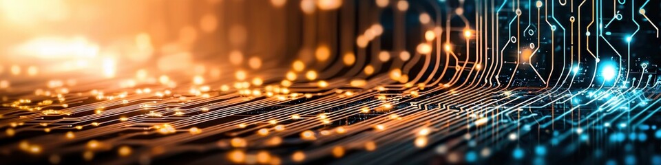 Aufkleber - Abstract Circuit Board Design With Vibrant Orange and Blue Lights
