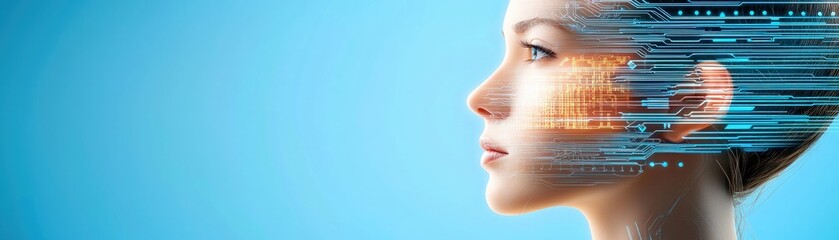 Poster - Woman s face overlaid with futuristic digital circuit board technology innovative AI concept
