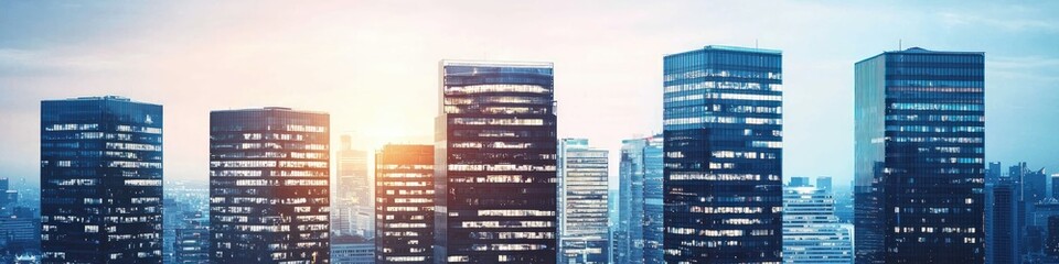 Poster - Modern Urban Skyline at Sunset with Glowing Office Windows