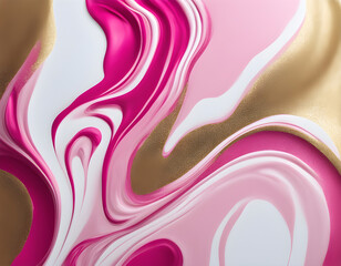 Wall Mural - Captivating pink and white liquid acrylic paint blend with gold glitter backgrounds