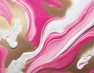 Wall Mural - Captivating pink and white liquid acrylic paint blend with gold glitter backgrounds