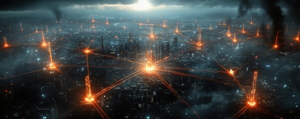Poster - Futuristic Cityscape Network Digital Connections Smart City Technology Aerial View