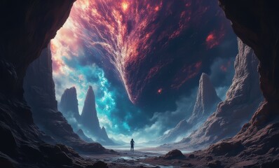 Poster - Lone figure in cosmic landscape