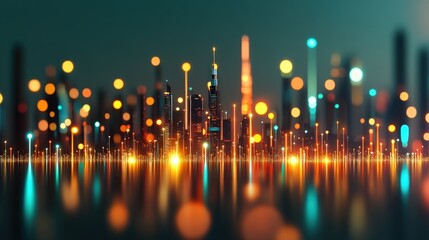 Aufkleber - Futuristic Cityscape at Night Illuminated Skyline with Bright Lights and Reflections