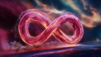 Wall Mural - Digital 3D infinity sign made of burning plasma on colorful night sky background showing boundless universe - Generative AI