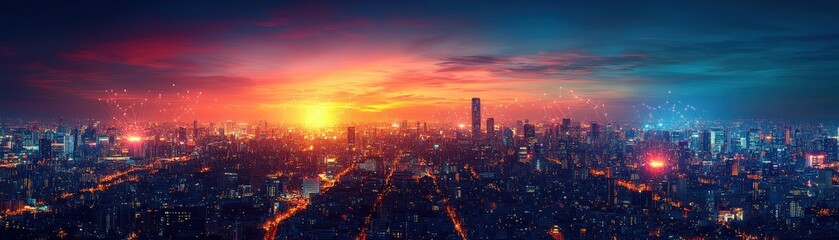 Poster - Stunning panoramic cityscape at sunset vibrant city skyline with illuminated buildings and network connections