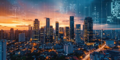 Fototapete - Stunning Cityscape at Sunset Digital Overlay Modern City Buildings Smart City Technology Network Connections