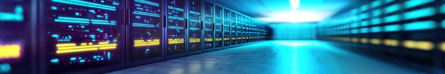 Leinwandbilder - Futuristic Data Center with Rows of Servers and Neon Lights