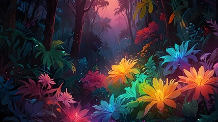 Wall Mural - A vibrant fantasy forest scene features an array of colorful flowers illuminated by soft, magical lighting. Lush greenery & towering trees create a serene backdrop, enhancing the dreamlike atmosphere