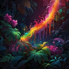 Wall Mural - a vibrant spectrum of colors cascades like a waterfall, illuminating the surrounding lush green foli