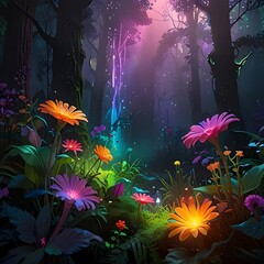 Wall Mural - A magical forest scene features vibrant, glowing flowers illuminated by soft, colorful light. Tall trees surround the bright blooms, creating an enchanting and mystical atmosphere.