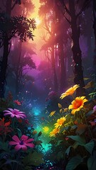 Wall Mural - A mystical forest scene is bathed in vibrant colors with sunlight streaming through the trees. Colorful flowers in the foreground add to the enchanting atmosphere of the landscape.