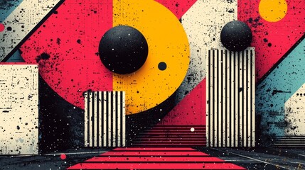 A colorful abstract background with a red carpet and two black spheres
