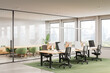 © ImageFlow - Modern office interior with open workspace and glass-walled meeting room. 3D Rendering
