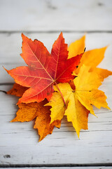 Poster - Vivid Autumn Leaves on Rustic Wooden Table Capturing Fall Season Essence : Generative AI