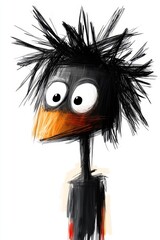 A drawing of a black and orange bird with big eyes