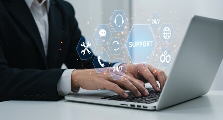 business professional providing customer service support digital communication help desk technology 