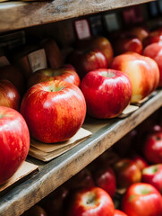 Poster - Fresh Red Apples Displayed on Wooden Shelves in Rustic Market Setting Interior : Generative AI