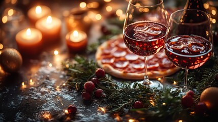 Vertical pepperoni pizza and red wine on a table with an American flag and candlelight create a festive atmosphere.