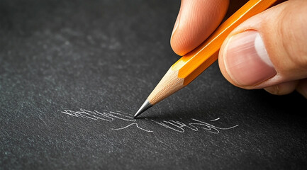 Close-up of hand writing or sketching with a pencil on black paper