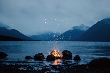 Wall Mural - Campfire tranquil lake with mountain backdrop