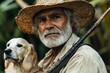 © ChaoticMind - Elderly man with white beard and straw hat holds loyal dog while standing in lush greenery near the river