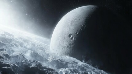 Wall Mural - Spectacular view of a moon surface with craters and distant stars in space exploration