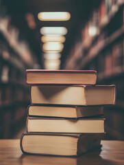 Fototapete - Stack of Old Hardcover Books in Dimly Lit Library Corridor with Blurred Background : Generative AI