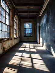 Aufkleber - Abandoned industrial warehouse corridor with dramatic light and shadows : Generative AI