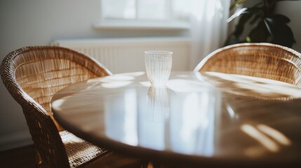 Wall Mural - Handmade bamboo dining table with seagrass chairs in a sunlit open concept space with earthy decor