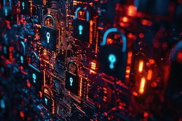 Encrypted digital network with glowing padlocks representing cybersecurity protection