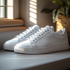 Wall Mural - Bright image showcases pair of white sneakers resting on smooth surface, sunlight casting gentle shadows. Concept focuses on pair of white sneakers as stylish footwear choice