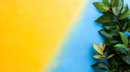 Fototapete - Yellow and Blue Gradient Background with Green Leaf Corner Decoration : Generative AI