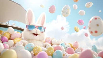 Wall Mural - Cartoon rabbit is sitting in a pile of Easter eggs. The eggs are in various colors, including yellow, pink, and white. The rabbit is wearing sunglasses and he is enjoying the eggs