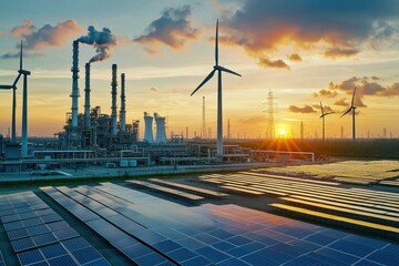 a stunning sunset illuminates a renewable energy landscape featuring solar panels, wind turbines, an