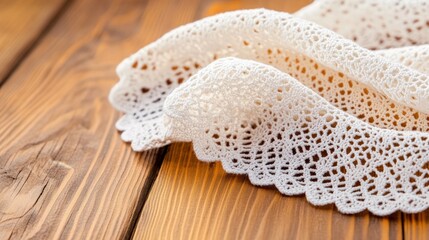 Aufkleber - Delicate Lace Fabric Draped on Rustic Wooden Surface