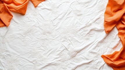 Aufkleber - Soft White Fabric with Elegant Embroidery and Orange Drapery Accents