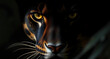 © Wil - Close-up of a panther’s face half in shadow background. Mysterious expression with glowing amber eyes