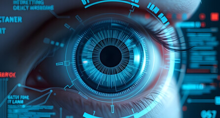 Cybernetic eye HUD interface background. Transparent holographic data circling a futuristic retina
