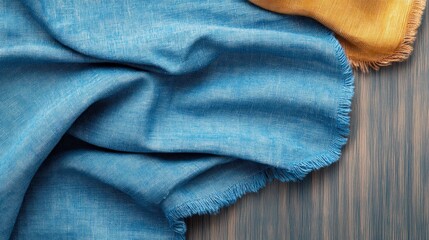 Poster - Vibrant Textiles with Blue and Yellow Fabric on Wooden Background