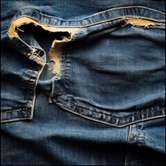 Poster - Distressed blue denim fabric with frayed edges and wear patterns
